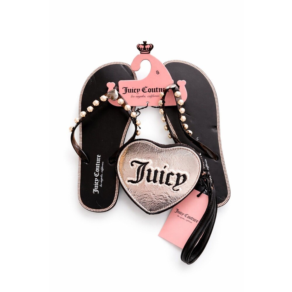 Juicy Couture Flip Flops w/ Heart Wristlet Set – Black & Silver, Size 8, NWT